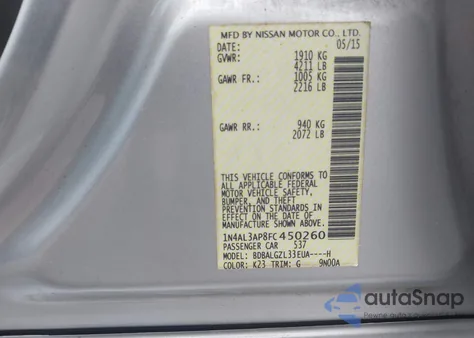 2015 Nissan Altima 2.5 S z USA, uszkodzony, nr VIN 1N4AL3AP8FC450260